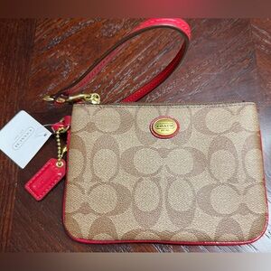 NWT Coach Peyton Signature Small Wristlet Khaki/Red